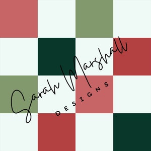 May include: A checkered pattern in shades of red, green, and white with the text "Sarah Marshall Designs" written in black cursive.