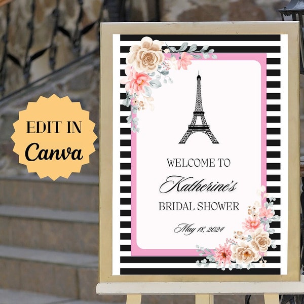BRIDAL SHOWER Welcome Sign I French Bridal Shower Welcome Sign I Paris Themed Bridal Shower I Eiffel TowerI 2 Sizes Template l Pink l