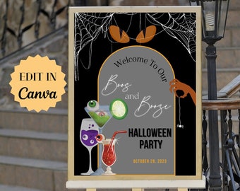 Signo de bienvenida de la fiesta de Halloween l BOOS AND BOOZE Signo de bienvenida de la fiesta de Halloween l Signo de bienvenida editable l Descarga instantánea l Signo espeluznante l