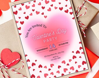 May include: A Valentine's Day party invitation with a pink and white background with red hearts. The invitation says "You Are Invited To Valentine's Day Party" with the date and time of the party.