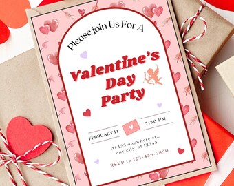May include: A pink and white Valentine's Day party invitation with a heart pattern and a cupid illustration. The invitation includes the text "Please join Us For A Valentine's Day Party", "February 14", "7:30 PM", "At 123 anywhere st... any city, st 12345", and "RSVP to 123-456-7890".
