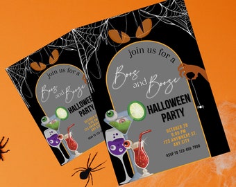 May include: Two Halloween party invitations with the text "Bugs and Booze" and event details. The invitations feature cocktail illustrations, spider web designs, and spider decorations on an orange background.