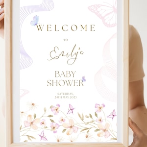 BUTTERFLY Baby shower Welcome Sign l Pink and Purple Butterfly l Spring Baby l Baby shower Editable Sign l Instant Download