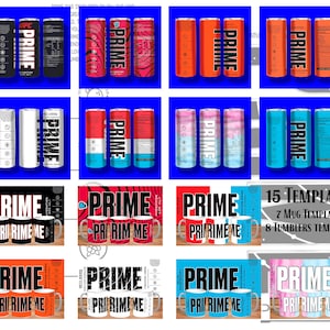 Könnte beinhalten: Eine Sammlung von PRIME-Hydratationsgetränkedosen und -bechern in verschiedenen Farben und Designs. Die Dosen zeigen auffällige Grafiken und das PRIME-Logo. Die Becher zeigen ebenfalls das PRIME-Logo. Das Bild enthält den Text "15 TEMPLATES, 7 MUG TEMPLATES, 8 TUMBLERS TEMPLATES."