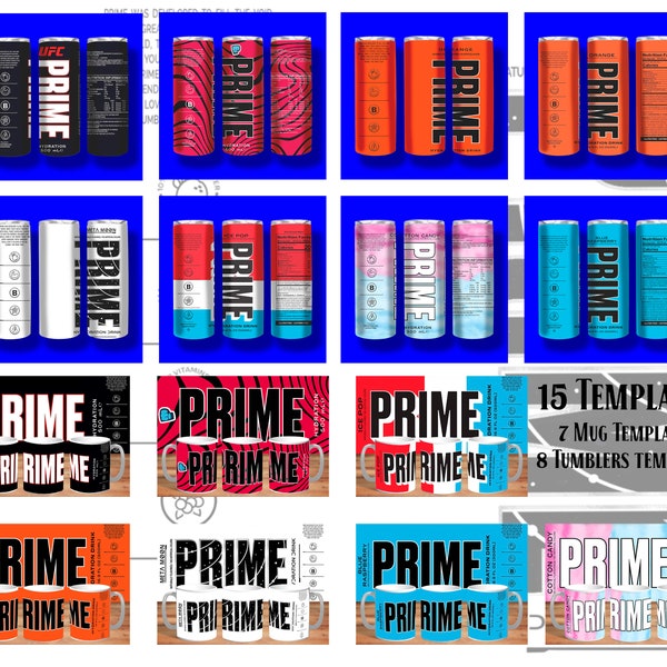 PRIME DRINKS economical pack of 15 designs: 8 tumblers and 7 mugs, each with its own mock-ups.