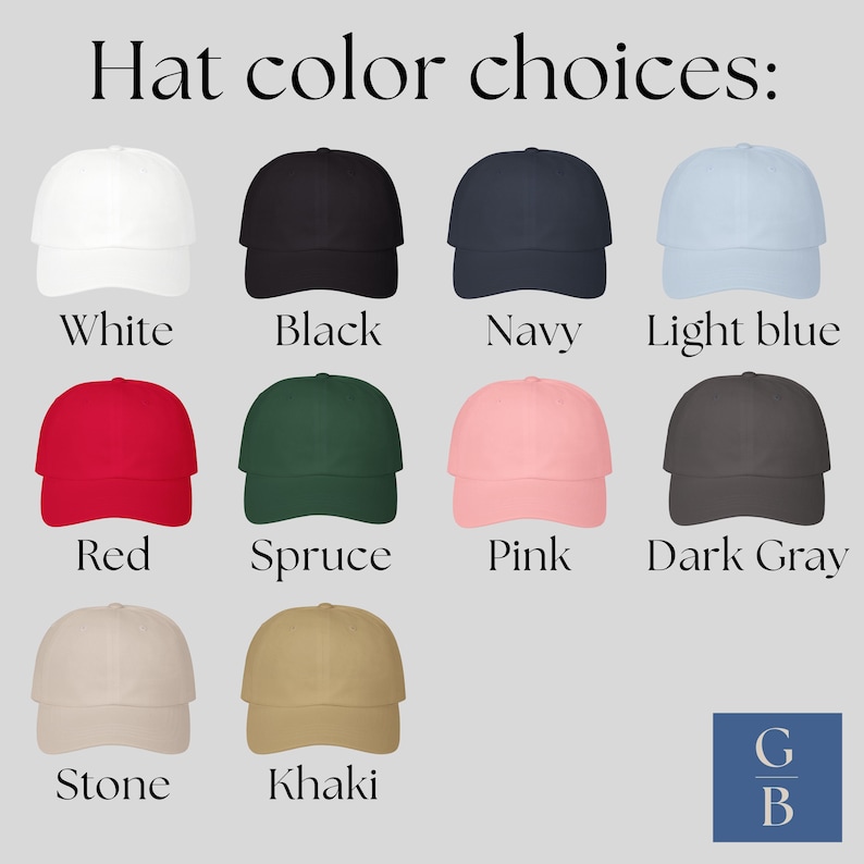 K&ouml;nnte beinhalten: Bild mit Baseballkappen in verschiedenen Farben. Der Text "Hat color choices:" steht oben. Farben sind Wei&szlig;, Schwarz, Marine, Hellblau, Rot, Fichte, Rosa, Dunkelgrau, Stein und Khaki.