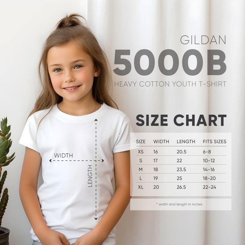 K&ouml;nnte beinhalten: Eine Gr&ouml;&szlig;entabelle f&uuml;r das Gildan 5000B Heavy Cotton Youth T-Shirt. Die Tabelle zeigt die Gr&ouml;&szlig;en XS bis XL mit den entsprechenden Breiten- und L&auml;ngenma&szlig;en in Zoll und Altersgruppen von 6-8 bis 22-24.