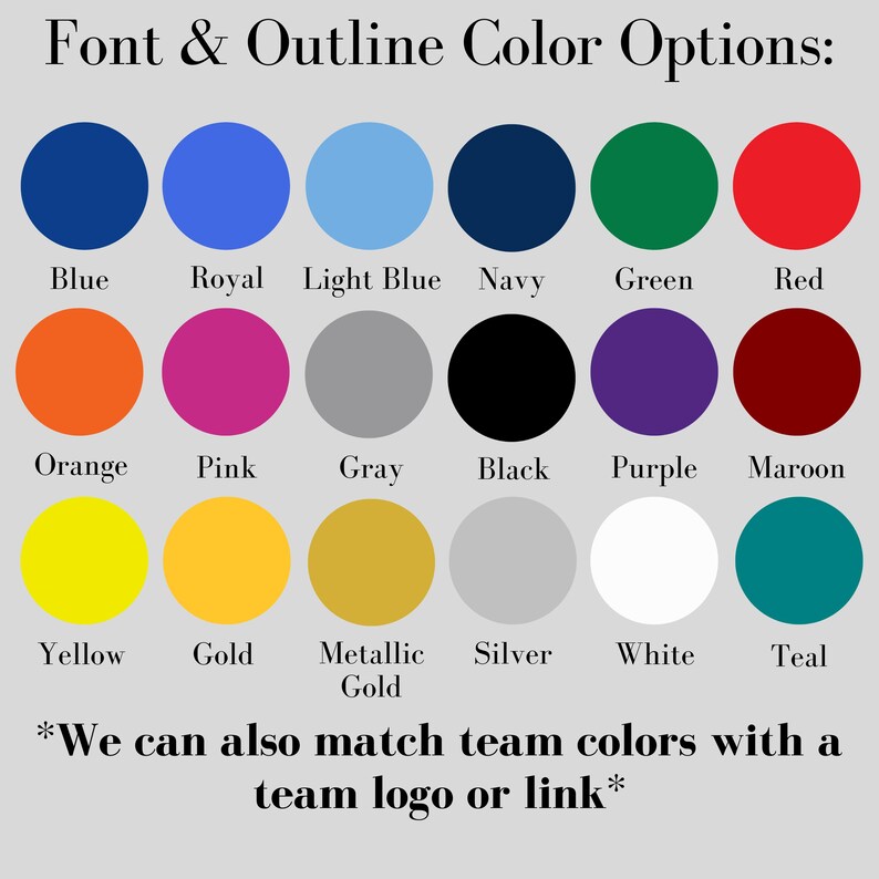 Puede incluir: Una tabla de opciones de color para la fuente y el contorno. Los colores incluyen azul, azul real, azul claro, azul marino, verde, rojo, naranja, rosa, gris, negro, morado, marr&oacute;n, amarillo, dorado, dorado met&aacute;lico, plateado, blanco y turquesa.