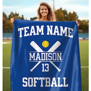 May include: A blue softball banner with white text and graphics. The banner reads "TEAM NAME" at the top, "MADISON" in the center, and "SOFTBALL" at the bottom. A softball and crossed bats are in the center.
