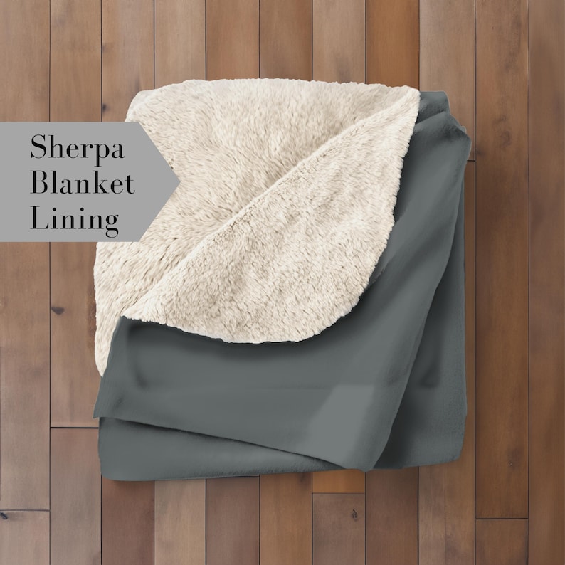 May include: A folded gray blanket with a cream-colored sherpa lining. The blanket is displayed on a wooden surface. Text on the left side of the image reads "Sherpa Blanket Lining".