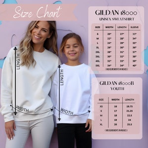 K&ouml;nnte beinhalten: Gr&ouml;&szlig;entabelle f&uuml;r Gildan 18000 Unisex- und Jugend-Sweatshirts. Die Tabelle zeigt die Ma&szlig;e in Zoll f&uuml;r Breite, L&auml;nge und &Auml;rmell&auml;nge f&uuml;r Erwachsenengr&ouml;&szlig;en S bis 5XL und Jugendgr&ouml;&szlig;en XS bis XL.