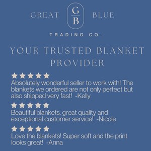 K&ouml;nnte beinhalten: Eine marineblaue Grafik mit dem Text "GREAT BLUE TRADING CO." und "YOUR TRUSTED BLANKET PROVIDER." Kundenbewertungen mit F&uuml;nf-Sterne-Bewertungen sind ebenfalls enthalten. Der Hintergrund ist einfarbig marineblau.