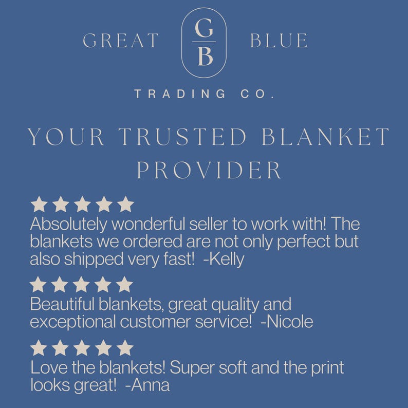 K&ouml;nnte beinhalten: Eine marineblaue Grafik mit dem Text "GREAT BLUE TRADING CO." und "YOUR TRUSTED BLANKET PROVIDER." Kundenbewertungen mit F&uuml;nf-Sterne-Bewertungen sind ebenfalls enthalten. Der Hintergrund ist einfarbig marineblau.