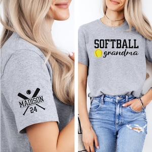 Camiseta personalizada de abuela de softbol con nombre de niño en la manga. Camiseta personalizada de abuela de softbol. Bonita camiseta para el día del juego de la abuela de softbol. Regalo para abuela.