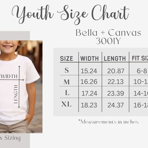 Puede incluir: Tabla de tallas para camisetas Bella + Canvas 3001Y para ni&ntilde;os. La tabla muestra el ancho y la longitud de las camisetas en pulgadas, as&iacute; como las tallas de ajuste correspondientes para ni&ntilde;os. Las tallas incluyen S, M, L y XL.