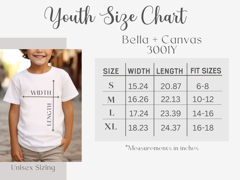 Puede incluir: Tabla de tallas para camisetas Bella + Canvas 3001Y para ni&ntilde;os. La tabla muestra el ancho y la longitud de las camisetas en pulgadas, as&iacute; como las tallas de ajuste correspondientes para ni&ntilde;os. Las tallas incluyen S, M, L y XL.