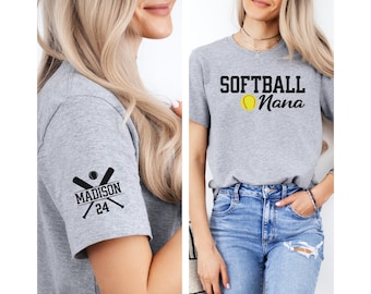 Custom Softball Nana Shirt Kids Name On Sleeve Print Personalized Softball Nana T-Shirt Softball Nana TShirt Cute Softball Nana Game Day Tee