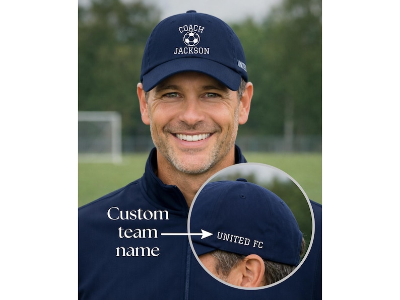 Soccer coach gift embroidered soccer hat with coach and the custom name written on the front of the hat with an embroidered soccer ball. And on the left side of the hat is the personalized team name.