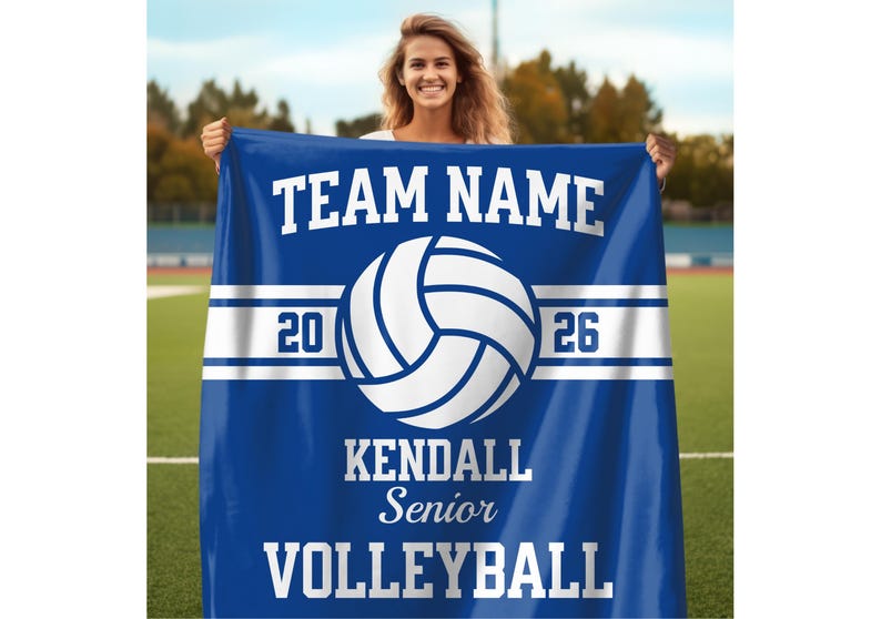 Senior Volleyball Gift Personalized Volleyball Blanket with the custom team name and volleyball written at the top and bottom respectively, along with a volleyball illustration in the center with the year on each side, and the personalized volleyball player name below it, with senior written below the name.