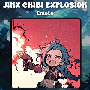 Peut inclure: Illustration d'un personnage chibi aux cheveux bleus tenant une arme à feu, avec un effet d'explosion. L'image contient le texte "JINX CHIBI EXPLOSION Emote" en haut. L'arrière-plan est un mélange de rouge et d'un paysage.
