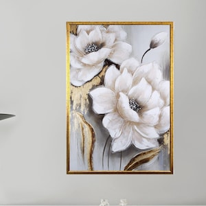 Abstract Flowers Canvas Wall Art, White Flowers Canvas Print Home Decor, Flower Poster Wall Art, Framed Canvas Art, Housewarming Gift