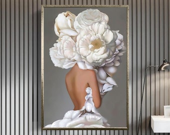 woman with flower head canvas wall art, white flowers canvas wall art , white roses canvas print art, surreal woman canvas wall art