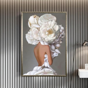 woman with flower head canvas wall art, white flowers canvas wall art , white roses canvas print art, surreal woman canvas wall art