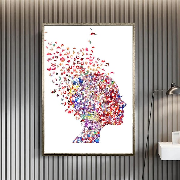 woman with butterfly head canvas wall art , colourful woman wall decor , butterflies home decor , framed canvas print , colourful women art