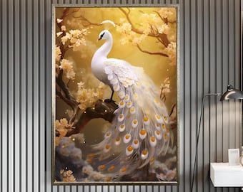 white peacock design canvas print wall decor, Golden Peacock on the Tree, canvas wall print, Canvas print ready to hang, home art
