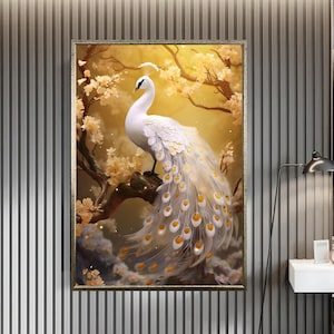 white peacock design canvas print wall decor, Golden Peacock on the Tree, canvas wall print, Canvas print ready to hang, home art
