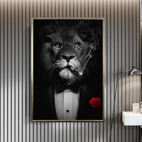 Kunst aan de muur met leeuw man in pak, leeuw rokende sigaar canvas print, muur kunst huisdecoratie, klaar om decoratie op te hangen, modern interieur