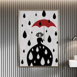 Woman with Umbrella Wall Art, Woman with Red Umbrella Canvas, Modern Minimalist Wall Art, Room Decor, Trendy Wall Art, Home Decoration