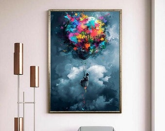 banksy balloon canvas print, balloon flying in the sky, flying children&#39;s decor, different decor, graffiti decor, abstract balloon decor