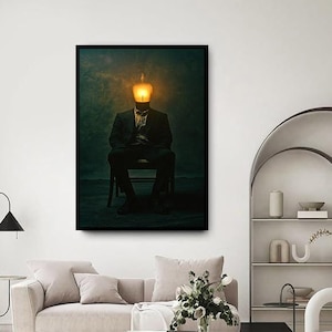 candle headed woman canvas wall art, sitting man canvas print, man in suit canvas wall decor, ready to hang canvas print