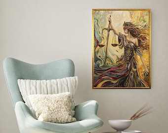 goddess of justice canvas print, abstract canvas print, colorful decor, scales of justice decor, woman canvas, different wall art,
