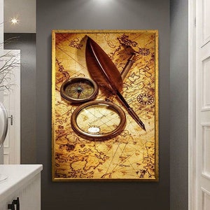 Gold compass and world map design, Canvas painting wall decoration, world map and compass print painting, ready to hang wall print,