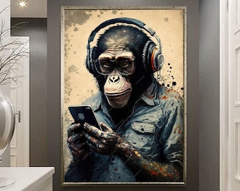 Dj Monkey Canvas Framed, Pop Art Canvas Painting, Pop Culture Wall Art, Monkey With Headphone Print, Pop Art Print Funny, Over The Bed Art