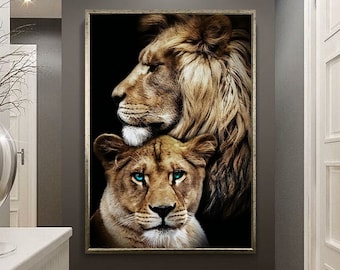 Lion Couple Flowers Canvas Wall Art, Lion Family, Wildlife Canvas Print, Animals Wall Art, Poster Wall Art, Decor for gift,Framed Canvas Art