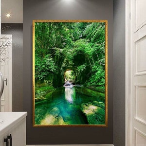Forest Wall Art Canvas, Forest Tree Art Prints, Forest River Painting, Nature Wall Art, Living Room Sun Forest Prints, Extra Large Wall Art
