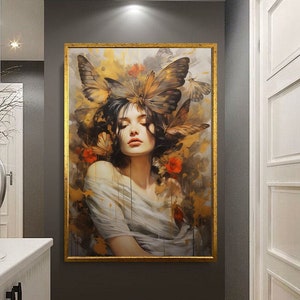 woman with butterfly head canvas wall art, african woman canvas print art, woman with curly hair ready to hang canvas wall decor