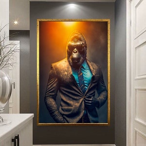 Impresión en lienzo de gorila de diseño surrealista con traje, impresión de pared, diseño original de mesa, lienzo de arte de pared, impresión en lienzo lista para colgar.