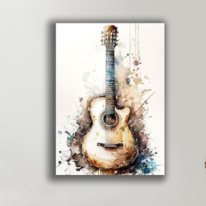 Guitar colorful paint canvas print wall art, Guitar canvas print, Large music canvas, Musical instrument wall decor