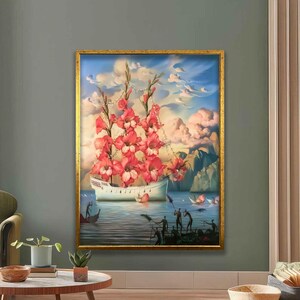 Surreal Floral Ship Art Print - Dreamy Fantasy Seascape Painting, Whimsical Nature Wall Decor