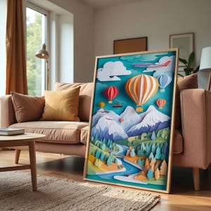 Hot Air Balloons Canvas Print – Colorful Paper Cut Style Landscape – Kids Room Wall Art