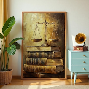 Justice Scales and Books Canvas – Law Office Wall Art – Legal Wisdom Library Decor