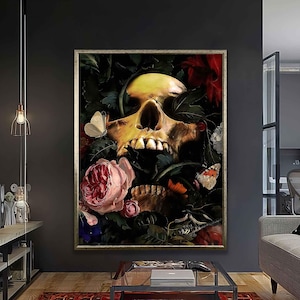 Gothic Skull and Roses Wall Art - Dark Floral Canvas for Living Room, Bedroom, or Office Décor