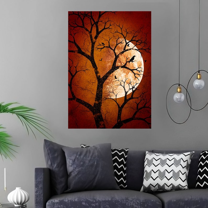 Full Moon Wall Art Night Sky Canvas Moon Retro Style Decor Etsy