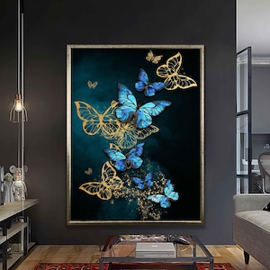 Arte murale con farfalla blu e oro - Dipinto su tela astratto per soggiorno, camera da letto, ufficio o come decorazione da regalo