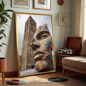 Modern Urban Sculpture Wall Art Print with Colorful Face Mural and Brutalist Architecture, Contemporary Street Photography Decor