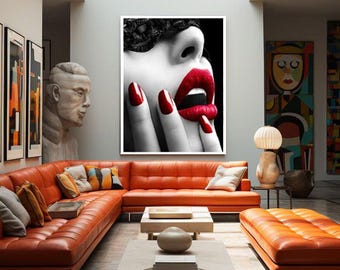 woman with red lips canvas wall art , female portrait canvas print , modern home decor , red nail polish canvas wall decor , ready to hang